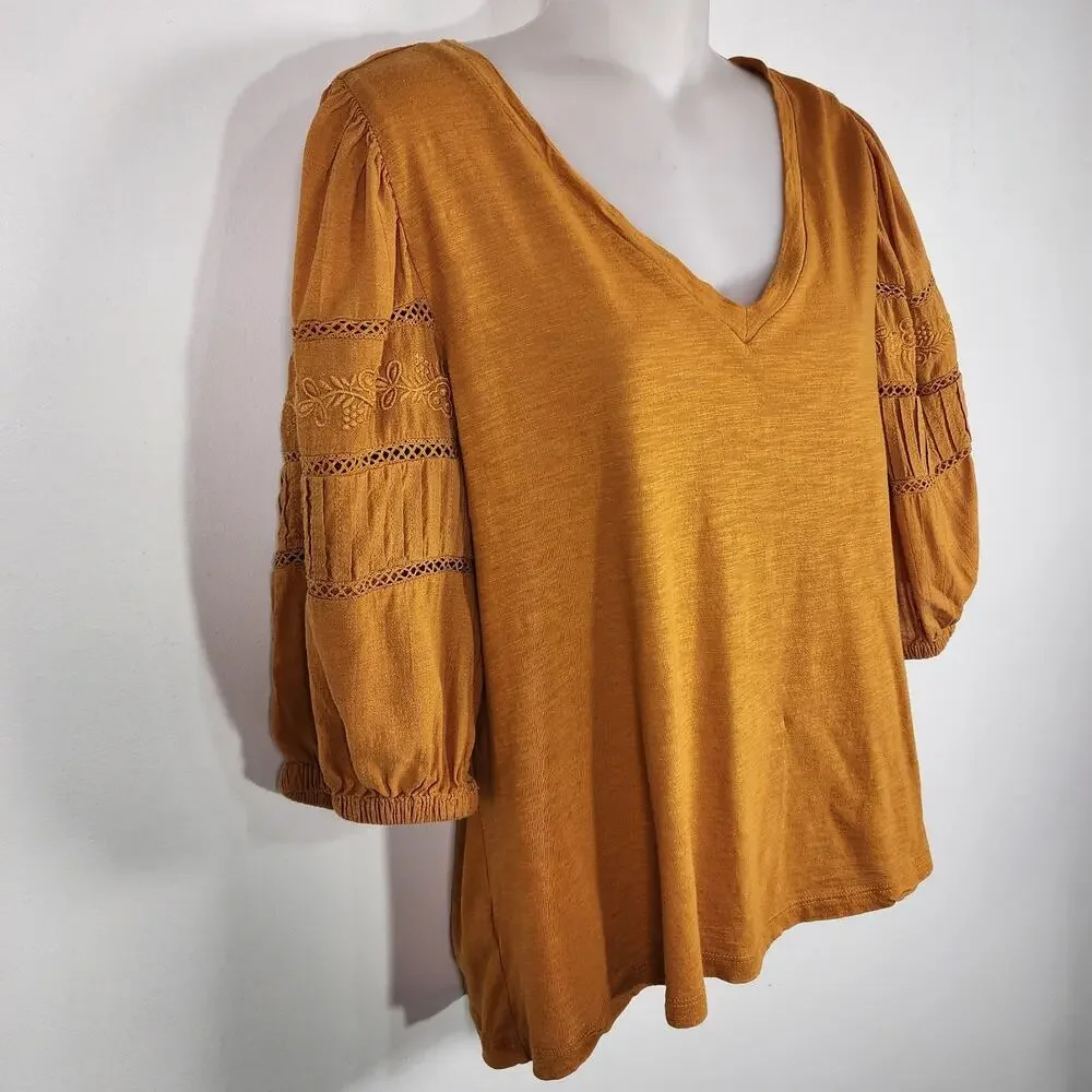 LOFT Top Mustard Yellow Embroidered Puff Sleeve V Neck Medium Boho Lace Cottage